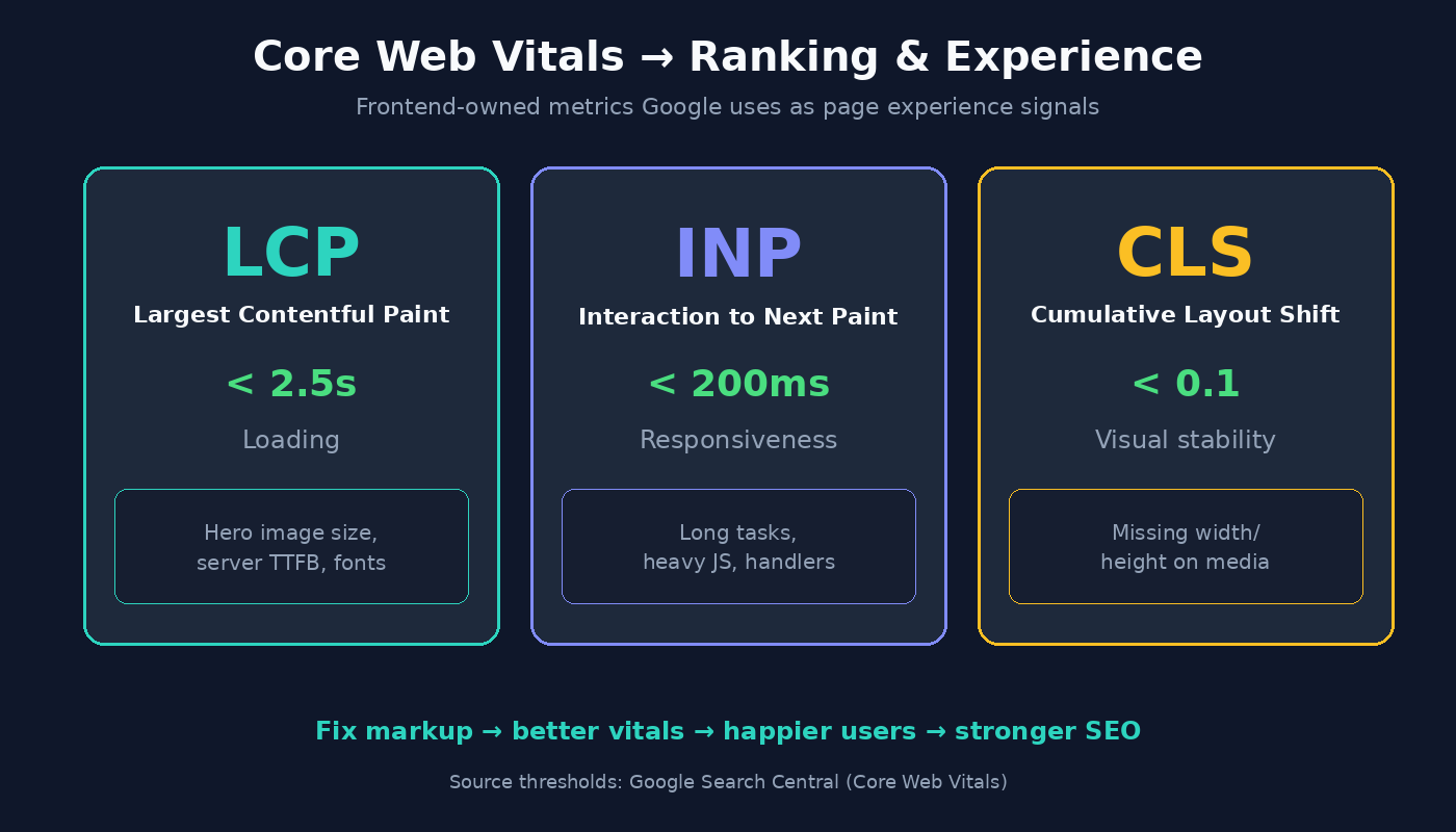 Core Web Vitals: LCP, INP, CLS thresholds and frontend causes