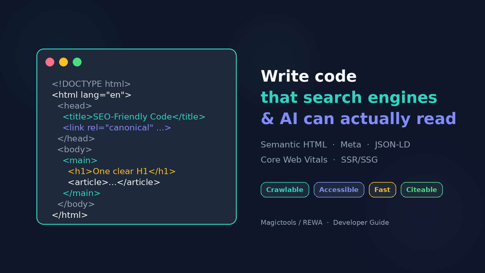 Code window beside the four SEO pillars: crawlable, accessible, fast, and easy to quote accurately
